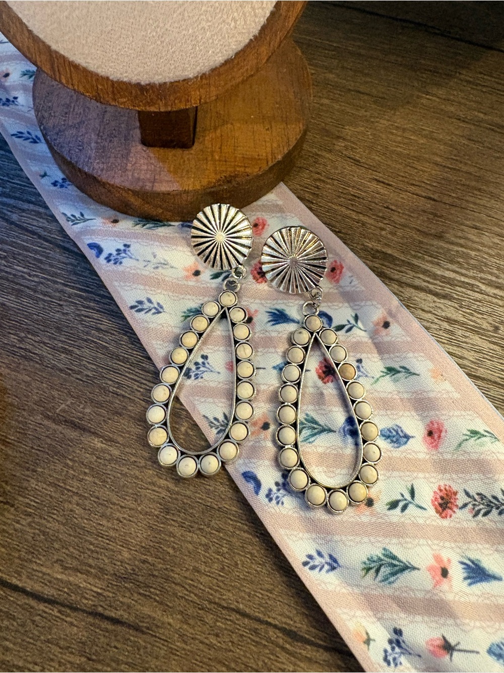 Silver-Tone Ivory Stone Teardrop Dangle Earrings
